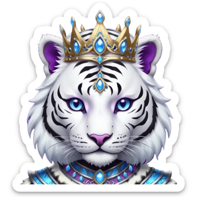 ESO Female white/black tiger khajiit leader of the umbral rose, glowing blue eyes, glowing blue 'third eye' gem; purple gemmed silver crown/tiara sticker