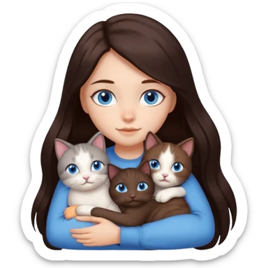 a girl with long dark 
brown hair, with blue eyes, hugs 3 different natural coloured cats sticker