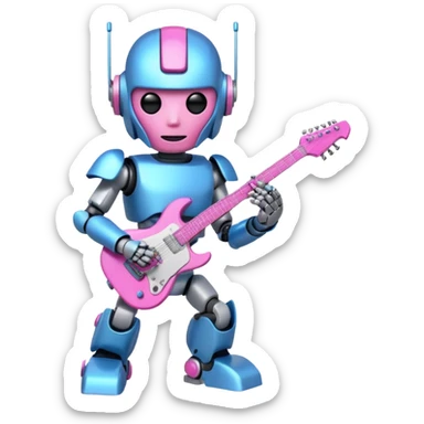 a cyper robot carry her note and electric guitar and try to change the world with pink and bluecolor sticker