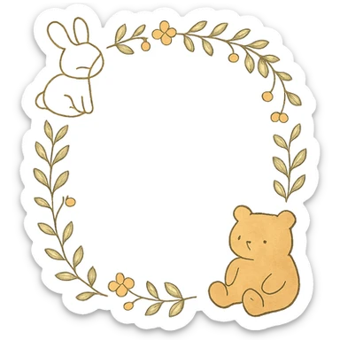 A4 vertical ratio cozy hand-drawn Mori style pastel background with soft watercolor texture, cute botanical wreath of leaves and tiny flowers, a soft brown bear sitting at the bottom right, a light beige bunny sitting at the top left, soft pastel colors, clean minimal design, planner cover, high resolution sticker