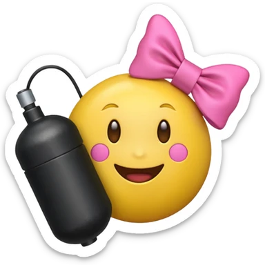 A happy face emoji holding a bomb and the bomb has a cute pink bow on the bomb sticker