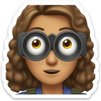 brown-haired woman holding binocular up to her face, surprised facial expression sticker