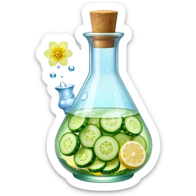 potion bottle with a perfectly round floating bottom, very small cork, very short neck, filled with #00d9ff liquid, inside cucumber slices, lemon slices, ice cubes, edible flower petals, and magical sparkles, soft lighting, transparent glass, clean background, fantasy style sticker