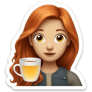 A red-haired girl with long hair and a cup of tea sticker