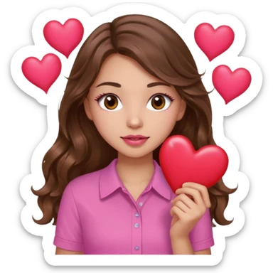 girl with long wavy brown hair, brown eyes, light to medium complexion, in a pink shirt, pink lips, long lashes, many  hearts in hand sticker