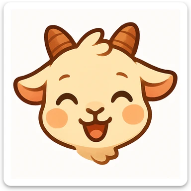 Keep the chibi goat head shape and crop from the previous iteration with the pink flower, but use the joyful expression, no flower, looking up at the viewer, slight blush, white background, designed for a small emote. sticker