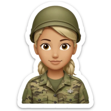 Apple emoji look — female soldier, no cap/helmet, bust, neutral smile, generic camo shirt, hair tied back, soft gradients, no weapon sticker