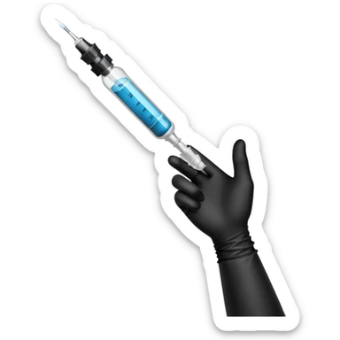 mano con guante medico de color negro sosteniendo una jeringa no tan grande y que solo se vea la mano hasta la muñeca, no el brazo y que el liquido de la jeringa sea transparente sticker