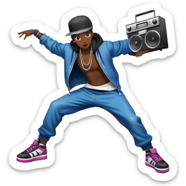 Icon for Street Dance: a dancer in urban streetwear performing a dynamic lower breakdance move, with a spray-painted background and a boombox on the asphalt. The icon should capture the energy, style, and creativity of street dance culture. Transparent background. sticker