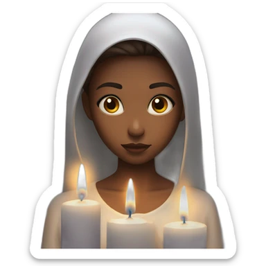 a girl with white skin ridiculously prays at a candle in front of her sticker