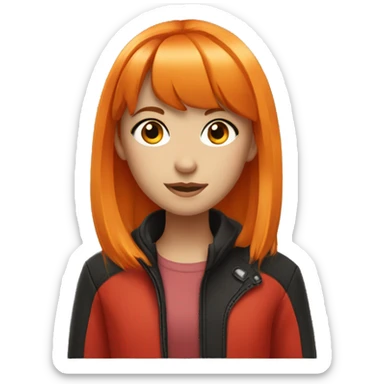 Teenager girl wearing red jacket with orange middle hair with bangs and sharp black eyes  sticker