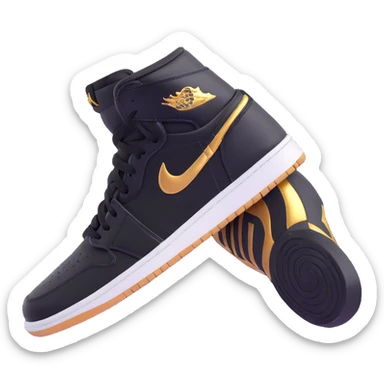 Jordan 1 sneaker, shiny black material with a metallic gold swoosh sticker