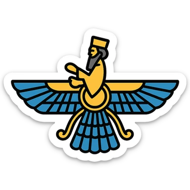 Cyrus the Great foruhar symbol, color outlined icon style, subtle gold and blue accents sticker