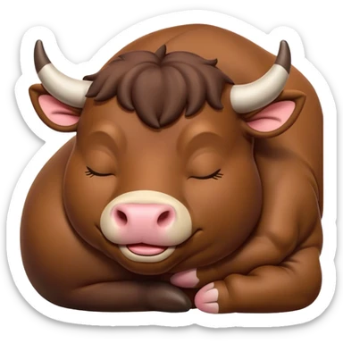 Meme-Worthy Cute Sleeping Brown Bull Portrait Emoji, Head resting peacefully with a contented smile, showcasing a robust, massive build and a luxuriously soft rich brown hide, eyes shut in a serene, restful nap, Simplified yet hilariously adorable features, highly detailed, glowing with a soft, drowsy light, high shine, relaxed and utterly lovable, stylized with an air of playful laziness, bright and heartwarming, soft glowing outline, capturing the essence of a comically sleepy guardian, so meme-worthy it feels like it could instantly become the next viral sensation of adorable slumber! sticker