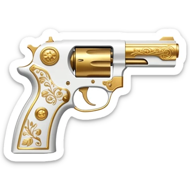an artistic handgun, short but deadly, all white with golden decoration sticker