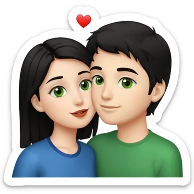 a girl with black hair and green eyes giving a kiss on the cheek to a boy with brown hair and brown eyes, emoji style sticker