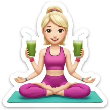 Девушка-мемоджи радостно сидит на коврике для йоги, в спортивной позе, в ярком стильном спортивном комплекте. Лицо сияющее, улыбка очень довольная и счастливая, в руках яркий стакан освежающего матча-лимонада, вокруг атмосфера свежести, отдыха и комфорта. Белый фон. 2 руки и 2 ноги sticker