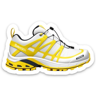 Clean white Salomon XT-6 with only a yellow colored stripe running through the center, one shoe positioned behind the other, entirely white except for the colored middle line sticker