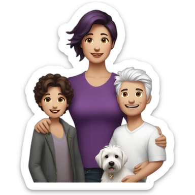 Family picture woman with purple hair and aduld son with dark brown hair and happy West Highland White Terrier sticker