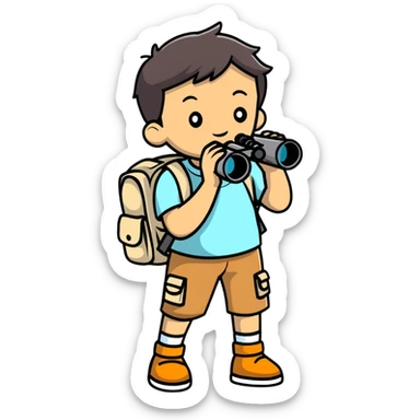 young explorer kid with backpack and binoculars sticker