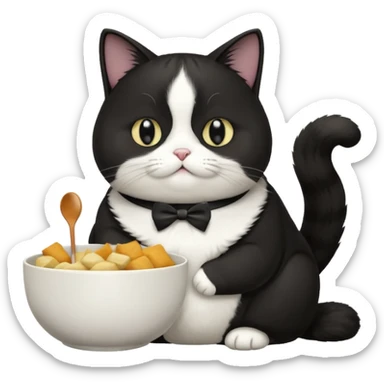 Fat tuxedo cat eating food sticker