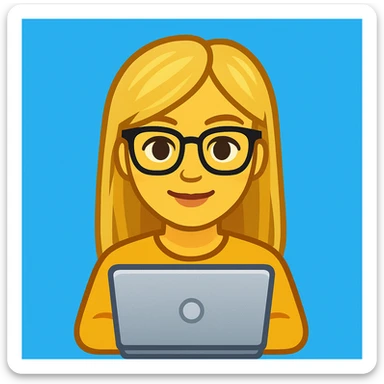 blonde writer woman wearing glasses working on a laptop, twitter style emoji sticker
