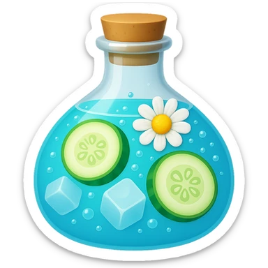 Edit the bottle in the same shape as the reference image. The liquid inside should be color #6fdef1. Inside the bottle, include cucumber slices, ice cubes, a chamomile flower, and more bubbles in the liquid. The style should resemble apple emoji style with concise and clean details. sticker