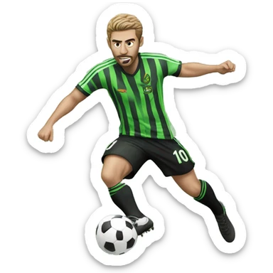 Footballer in a green black stripped kit, kicking a football sticker