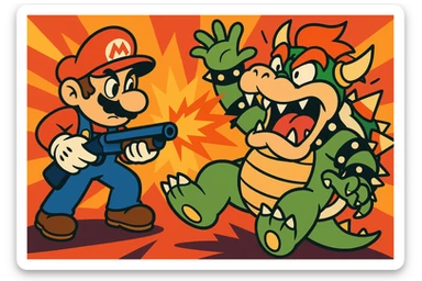 Mario and Bowser in a showdown, Mario with a shotgun, Bowser falling back, exaggerated cartoon action sticker