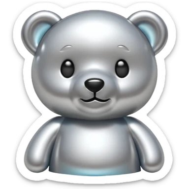 A cute teddy bear emoji made of liquid silver chrome, smooth rounded body, glossy metallic surface, soft reflections, friendly proportions, iOS emoji style, centered, clean white background sticker