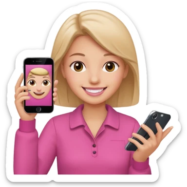 pink video call between one person holding the phone with a person on the phone screen sticker