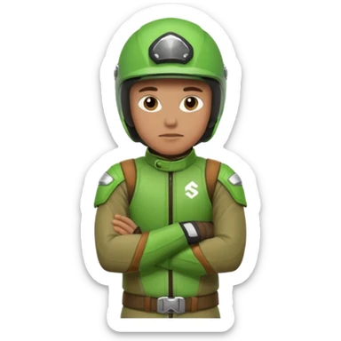 dirtbike rider in green gear with arms crossed, and thinking sticker