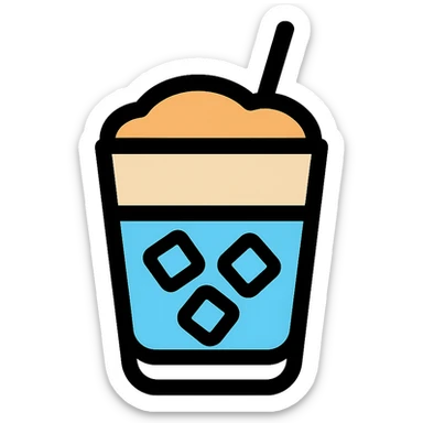 modern coffee icon of greek freddo espresso in clear glass with ice cubes and creamy foam, minimal background sticker