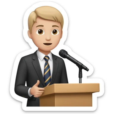 a speaker at an event standing at a podium sticker