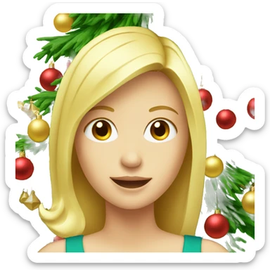 Blond white women decorating a Christmas tree sticker