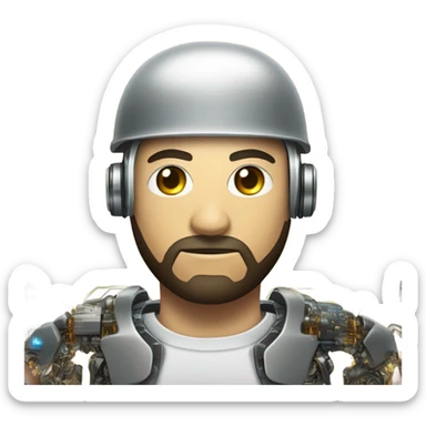 half cyborg face half human with short straight, dark hair, hardhat, and a neatly trimmed beard sticker