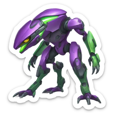 a purple-green Genesect-Raptor-Fakémon—hybrid with a futuristic visor-helmet full body sticker