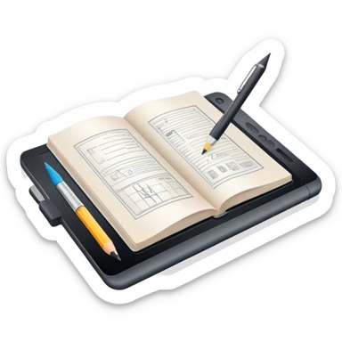 Illustration icon, pencil, paintbrush, gel pen, graphic tablet or monitor with digital illustration, open book with sketches, minimalistic style, clean lines, transparent background. sticker