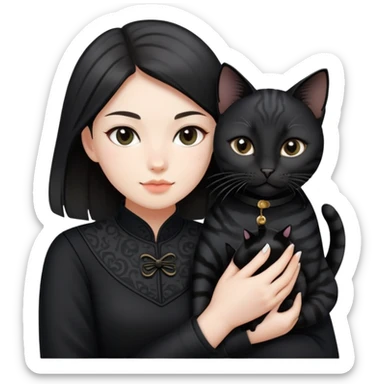 Young woman in black clothes with a black-patterned Chinese domestic cat sticker