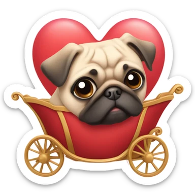 Pug riding a heart shaped carriage sticker