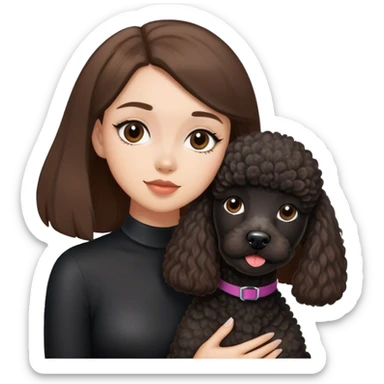 a white girl with straight brown hair and a black french poodle dog sticker