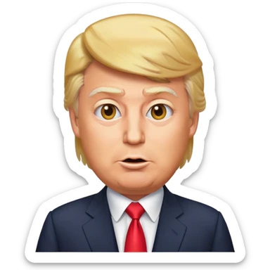 Donald Trump as a playful emoji character, recognizable hairstyle, suit, and expressive face sticker