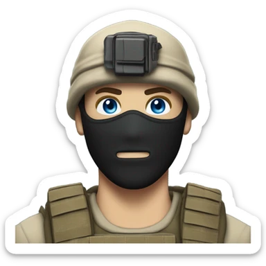 White male, call of duty black mask, camo tactical gear, tan combat boots, black beanie, blue eyes sticker