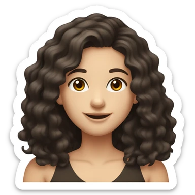 22-year-old woman. Girl with really really dark brown shoulder-length beach waves. REALLY Dark brown eyes with a HUGE OPTIMISTIC SMILE." WEST_EUROPEAN WHITE SKIN  sticker