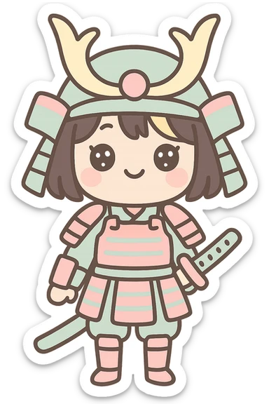 kawaii samurai girl with short hair and one streak of blonde in her hair, smiling, wearing traditional samurai armor, big eyes, soft colors sticker