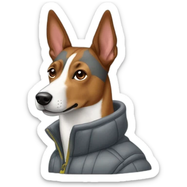 Brindle colored Basenji wearing a grey puffer jacket sticker