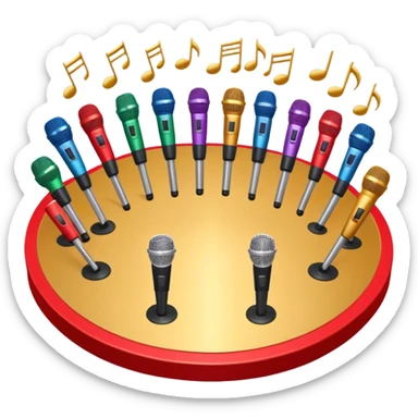 Create a vibrant and dynamic emoji that represents choral or pop vocal performance. The design should feature 10 stage microphones arranged in a semi-circle on a concert stage, symbolizing a vocal group or choir. Add musical notes flowing around the microphones to represent harmony and unity in the performance. Include concert lighting and a celebratory atmosphere to convey the excitement of live music. Use bright, bold colors like red, gold, and silver to emphasize the energy and glamour of the stage. The background should be transparent. sticker
