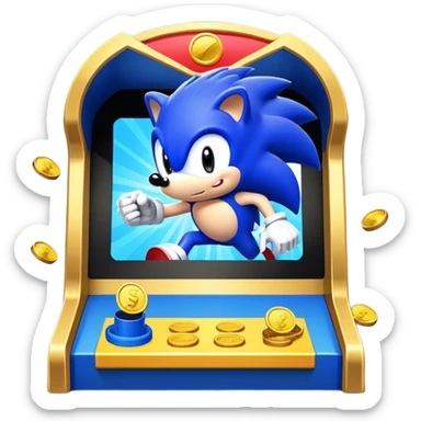 An icon showing a retro arcade screen with pixelated characters like a speedy hedgehog Sonic jumping and collecting coins. The game environment includes obstacles, power-ups, and vibrant colors, evoking the excitement and nostalgia of classic arcade games. transparent background. sticker