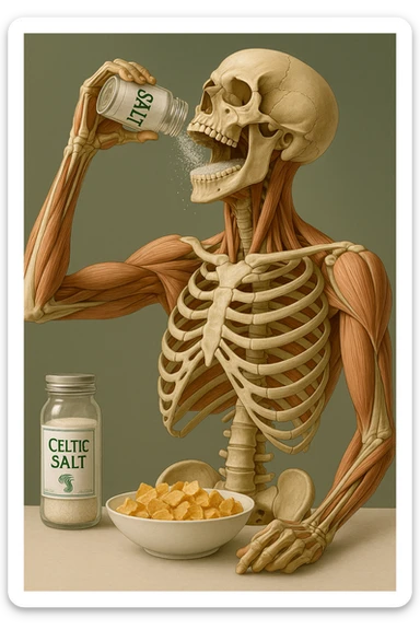 Create a vertical hyperrealistic 4K medical illustration in the style of the reference image. Depict an anatomically accurate human body holding a jar labeled 'CELTIC SALT', throwing salt into his mouth during breakfast. The background should be neutral and clear, with extreme detail and vertical format. Maintain the ultra-detailed medical illustration style as in the reference. sticker