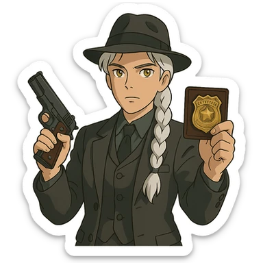 1 female, 1920's mens suit, long white hair braid, gold yellow eyes, muted dark colors, brandishing a colt 1911 and a detective badge sticker